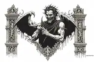 man loking up the gate cemitery, on the gates demons ghosts representing emotional vibes, smile, sad ... tattoo design idea