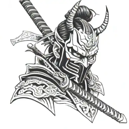 samurai warrior with hannya mask, holding a sword in front of his face, tattoo design idea