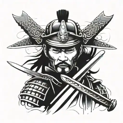 face of a samurai warrior, holding a sword in front of his faceO  tattoo design idea