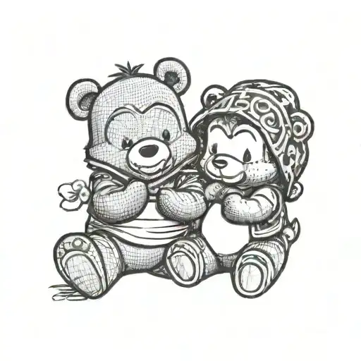 Winnie the pooh and care bears sitting tattoo design idea