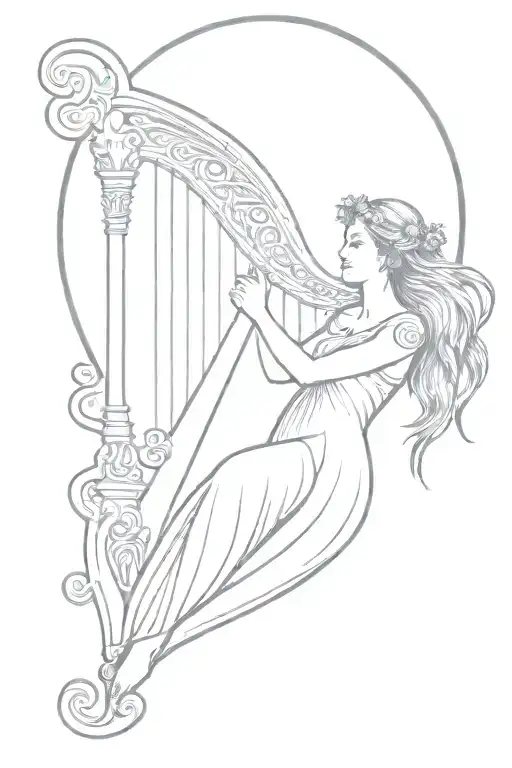the morrigan goddess irish harp with angel. moon surrounded tattoo design idea