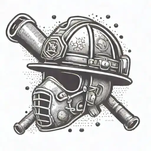 A firefighter helmet with baseball and hockey symbols incorporated into the design tattoo design idea