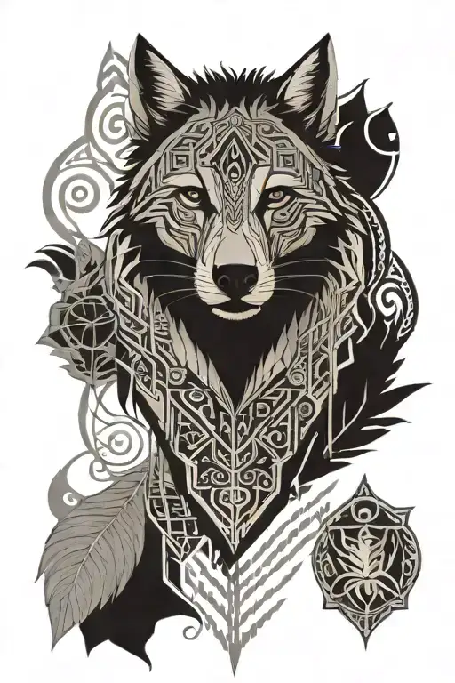 ornemental Black and gray indigenous-style tattoo featuring animal prints (mouse, raccoon, wolf, bison, capybara) leafs tattoo design idea