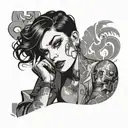 Sexy Busty Woman, short bob hairstyle cleavage facial piercings smoking cigarette in mouth. Portait silhouette. tattoo design idea