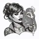 Sexy Busty Woman, short bob hairstyle cleavage facial piercings smoking cigarette in mouth. Portait silhouette. tattoo design idea