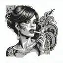 Sexy Busty Woman, short bob hairstyle cleavage facial piercings smoking cigarette in mouth. Portait silhouette. tattoo design idea