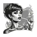 Sexy Busty Woman, short bob hairstyle cleavage facial piercings smoking cigarette in mouth. Portait silhouette. tattoo design idea