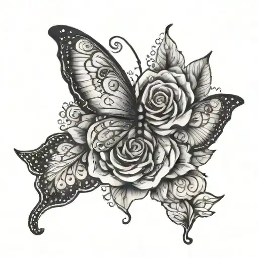 Butterfly and rose mandala hand tattoo in a dotwork style tattoo design idea