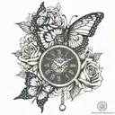 Butterfly and rose pocket watch tattoo in a dotwork style tattoo design idea