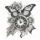 Butterfly and rose pocket watch tattoo in a dotwork style tattoo design idea