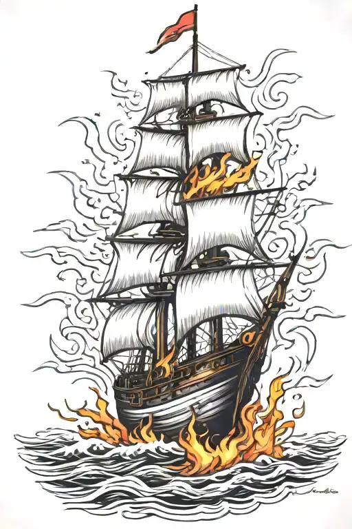 burn the boats coloured fire tattoo design idea