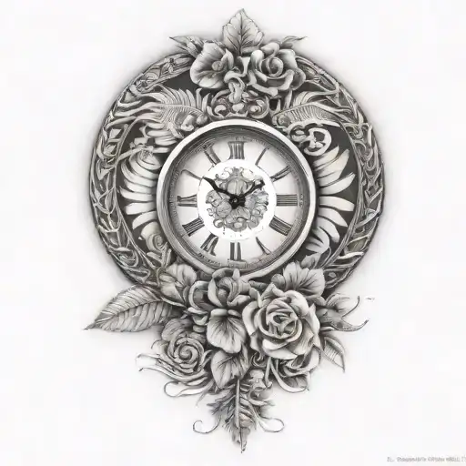half rose half clock face with maroi silver fern tattoo design idea