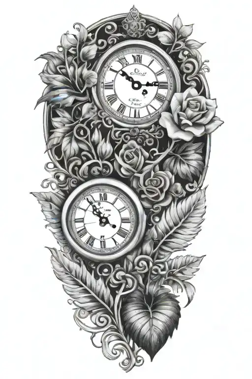 rose clock silver fern  tattoo design idea