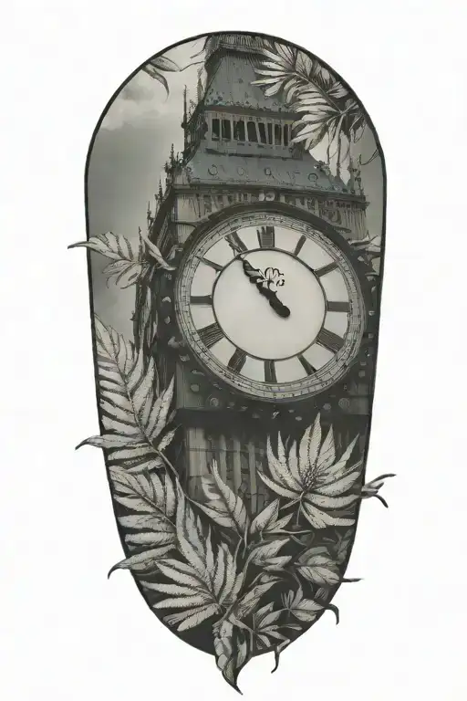 big ben clock face with silver fern underneath  tattoo design idea