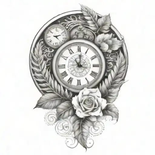 half rose half clock face with maroi silver fern tattoo design idea
