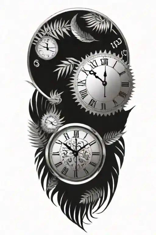 clock face surronded by silver ferns  tattoo design idea