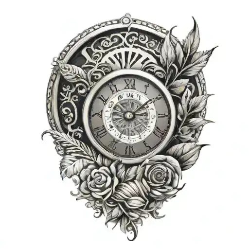 half rose half clock face with maroi silver fern tattoo design idea