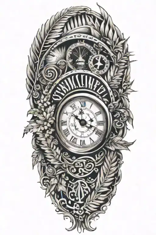 clock face surronded by silver ferns  tattoo design idea