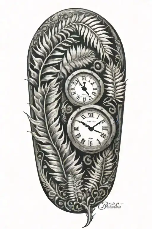 half clock face with a silver fern tattoo design idea