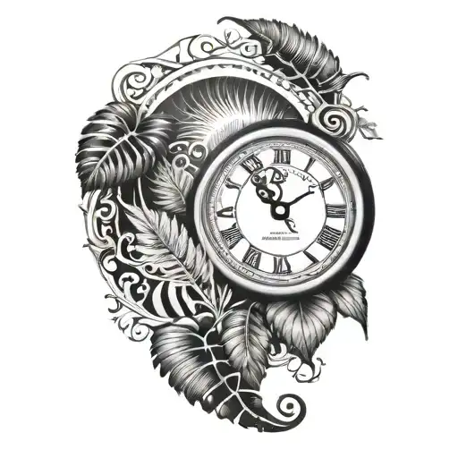half rose half clock face with maroi silver fern tattoo design idea