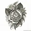 half rose half clock face with maroi silver fern tattoo design idea