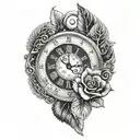 half rose half clock face with maroi silver fern tattoo design idea