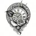 half rose half clock face with maroi silver fern tattoo design idea
