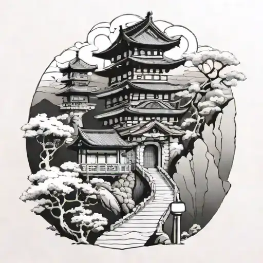 A Japanese temple on a mountain. A path leads to the temple. The path is adorned with Japanese paper lanterns. A dragon  tattoo design idea
