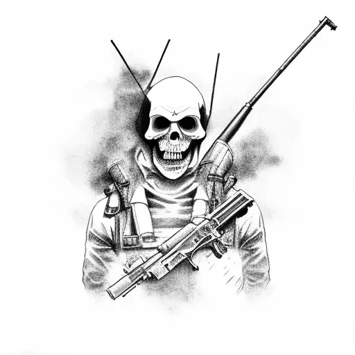 Grim Reaper with a sniper rifle in camouflage waiting inai a field tattoo design idea
