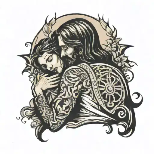 Jesus behind girl bent over tattoo design idea