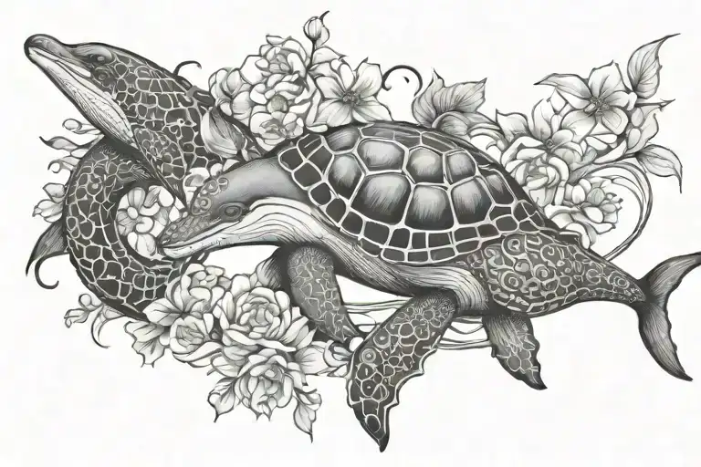 2 dolphins around a turtle, cherry blossom, draped jewels  tattoo design idea