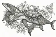 2 dolphins around a turtle, cherry blossom, draped jewels  tattoo design idea