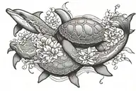 2 dolphins around a turtle, cherry blossom, draped jewels  tattoo design idea