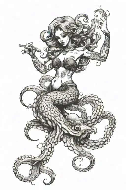 octopus mermaid riding tattoo design idea