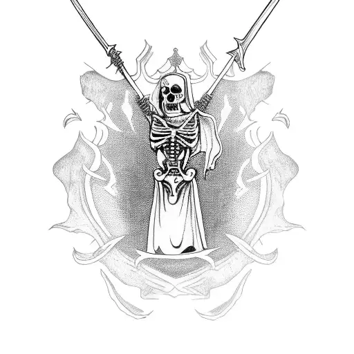 Sleeve Tattoo with Lady Justice as a skeleton, holding a sword with one hand and a disintegrating skull with the other tattoo design idea