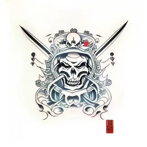 Sleeve Tattoo with Lady Justice as a skeleton, holding a sword with one hand and a disintegrating skull with the other tattoo design idea