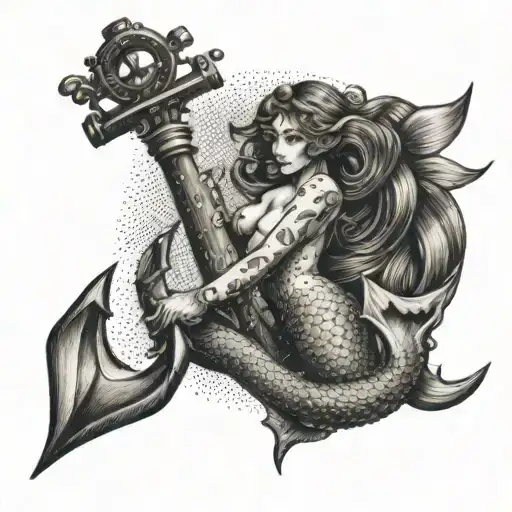 anchor with sext mermaid swimming tattoo design idea