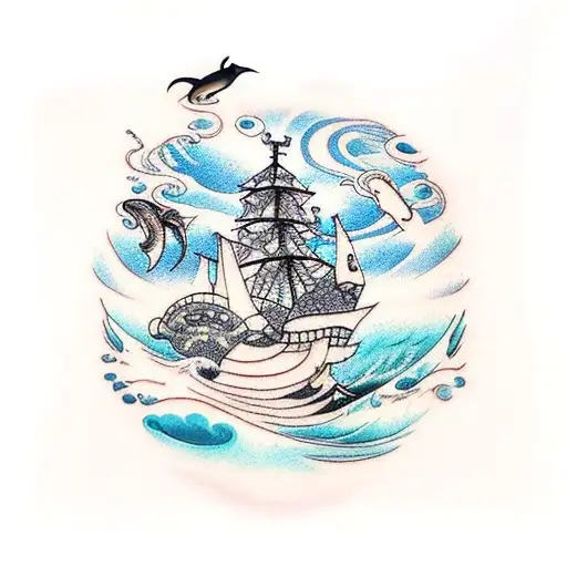 sea life with pirate ship  tattoo design idea