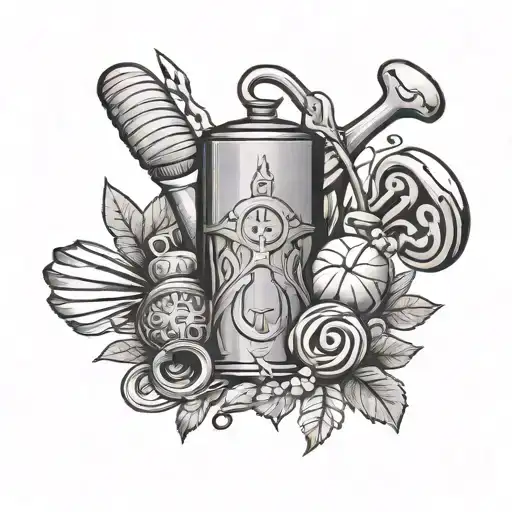 A tattoo design featuring a historical baking tool surrounded by wildlife and nature elements tattoo design idea