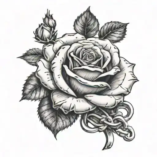 A realistic black and white rose with handcuffs wrapped around its stem tattoo design idea