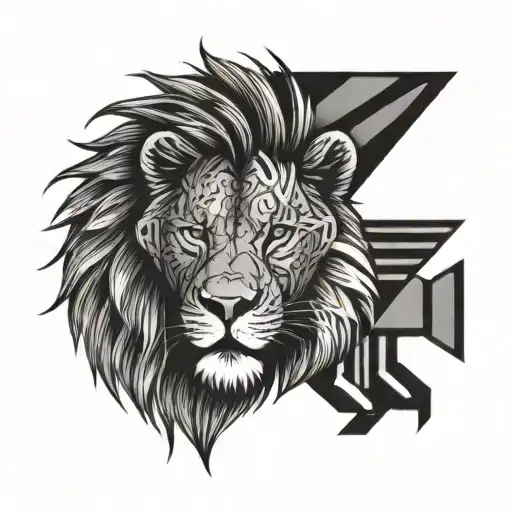 lion face but the lines are made from mountains, forests, b-1 bomber, Air Force, fire truck, fire axe, and a bird tattoo design idea