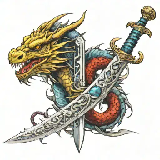 sword and dragon wrapping itself tattoo design idea