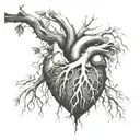 A root system branching out from a realistic heart, showcasing the interconnectedness of emotions and experiences tattoo design idea