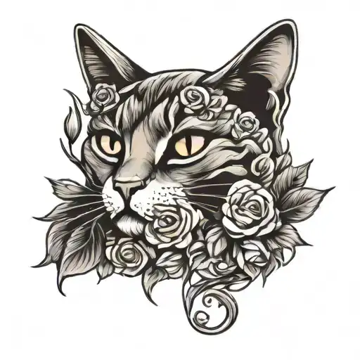 cat memorial piece with flowers  tattoo design idea