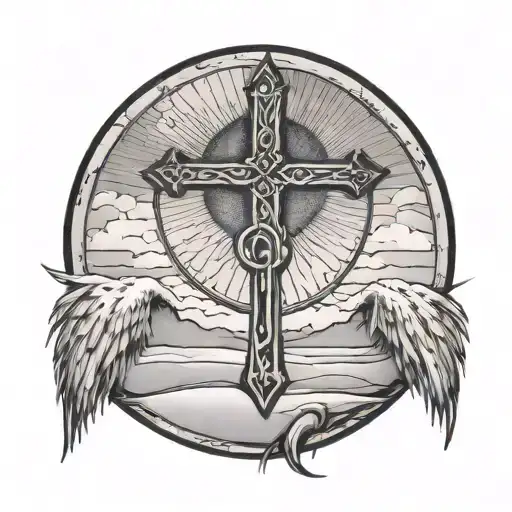 CERCLE AVEC UNE PLAGE DE SABLE AVEC UNE CROIX CHRETIENNE. AU DESSUS DE CE CERCLE IL YA DES AILES D'ANGE tattoo design idea