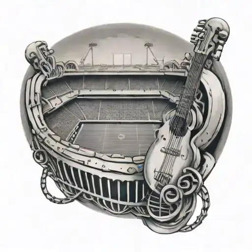 A football stadium filled with spectators holding musical instruments instead of banners tattoo design idea
