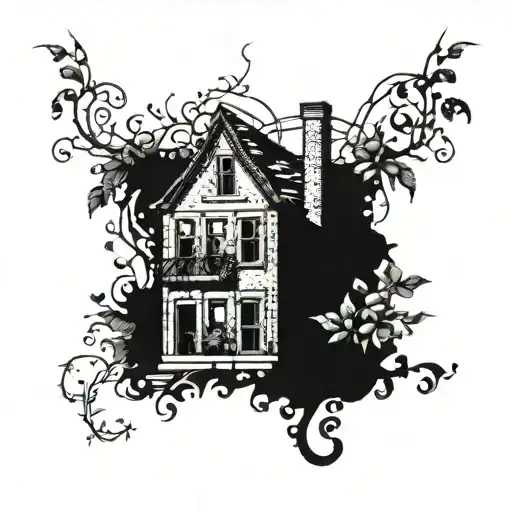 A tattoo design of a brick building with vines growing around it, representing the evolution of urban lifestyle in American tattoo style tattoo design idea