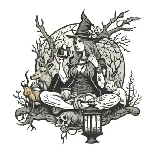 Woods witch with horns, Capricorn, surrounded by animals, with a lantern and skull tattoo design idea