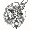 Woods witch with horns, Capricorn, surrounded by animals, with a lantern and skull tattoo design idea