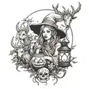 Woods witch with horns, Capricorn, surrounded by animals, with a lantern and skull tattoo design idea
